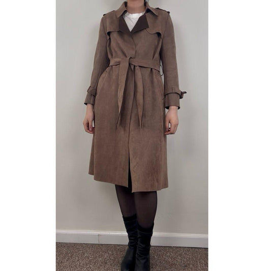 Faux Suede Elegant Belted Trench Coat