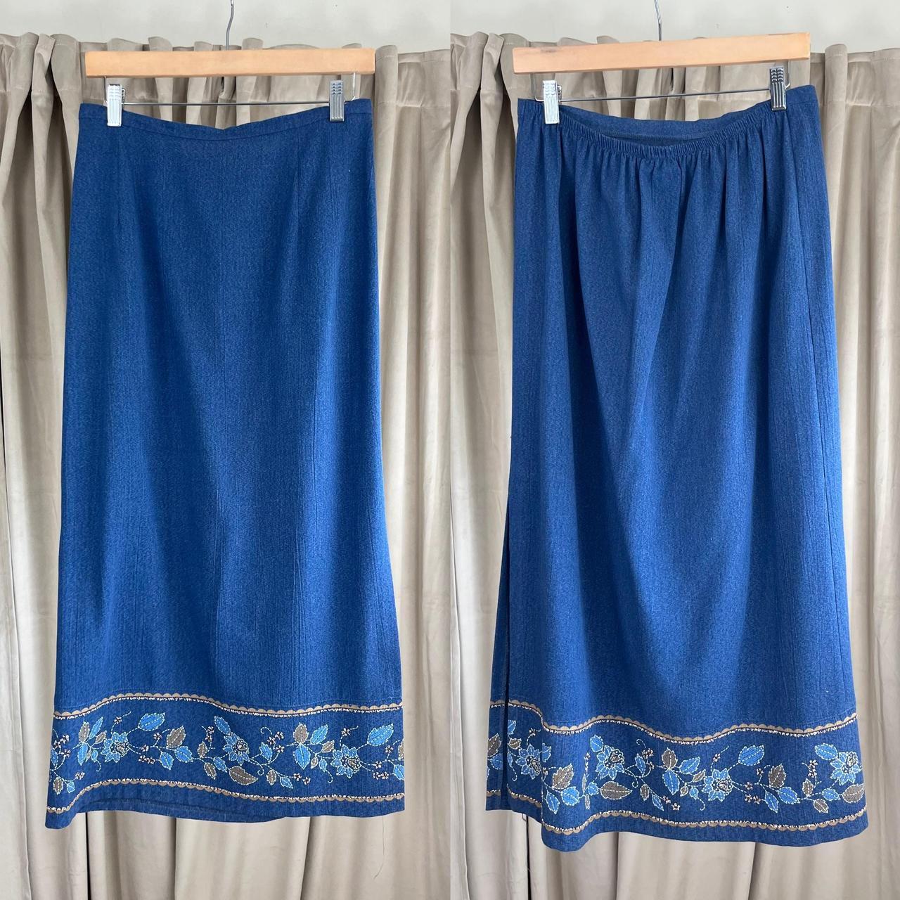 Vintage Blue Denim Maxi Skirt with Floral Embroidery