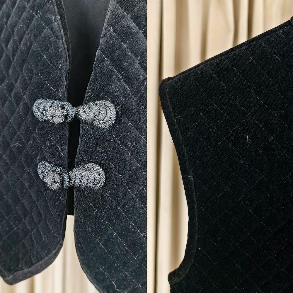 Vintage COSCOB Black Quilted Velvet Mandarin Vest with Frog Closures