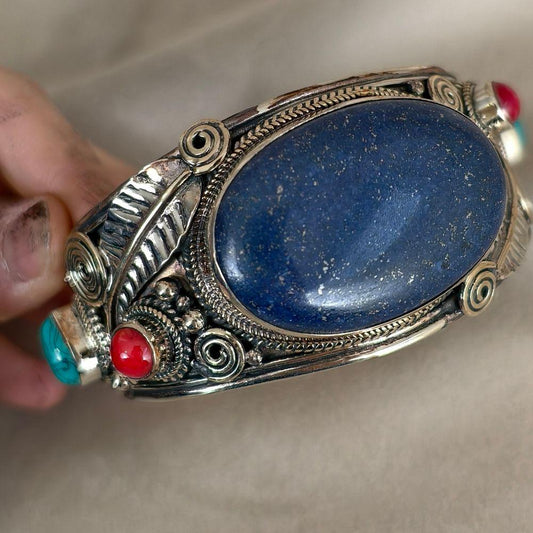 Antique Tibetan Sterling Silver and Blue Stone Lapis Lazuli Cuff Bracelet