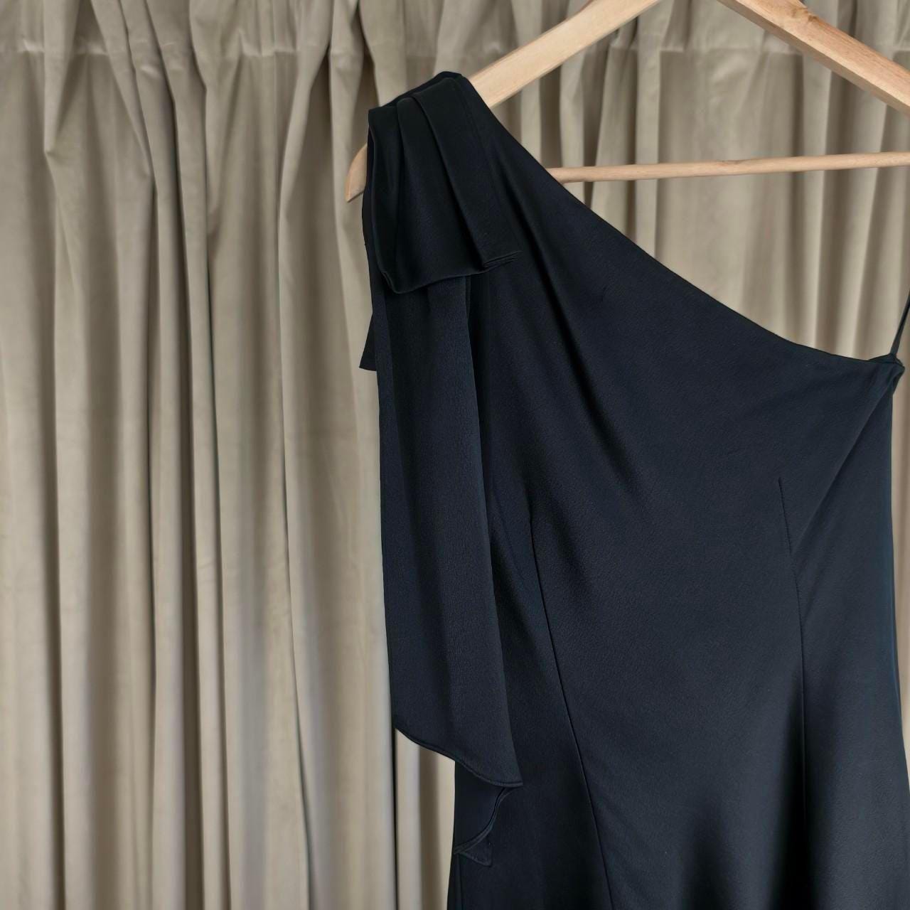 Ann Taylor Black Silk One Shoulder Midi Dress with Bow