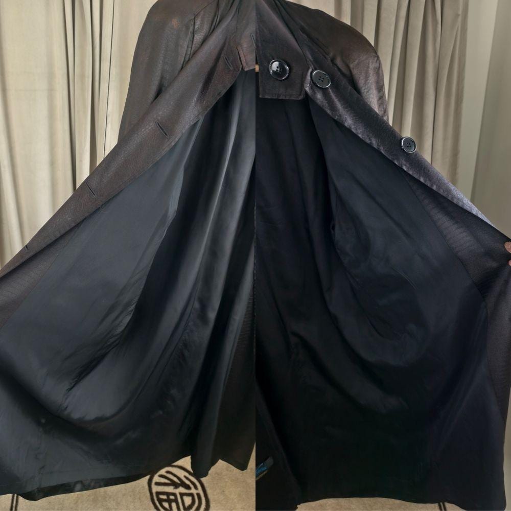 Vintage Long Black Satin Snakeskin Pattern Trench Coat