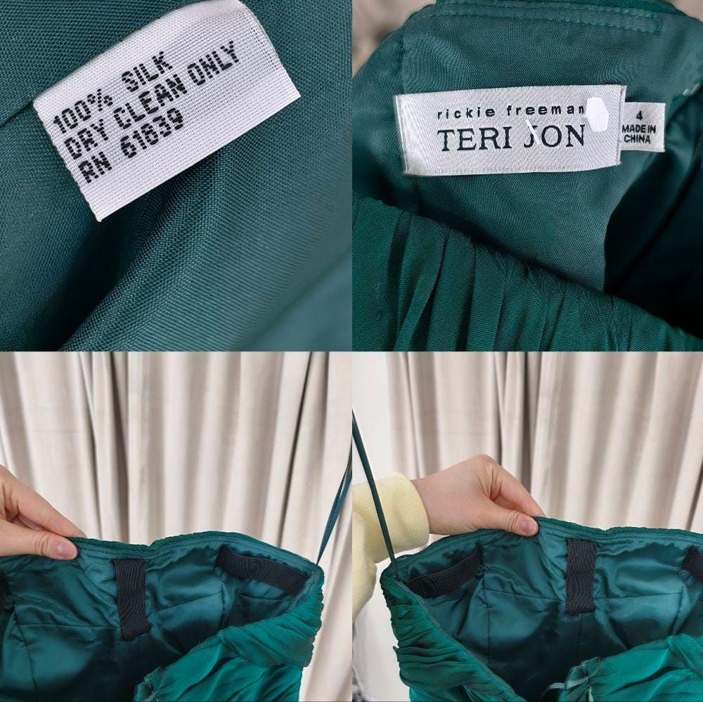 Teri Jon by Rikie Freeman Strapless Green Silk Evening Gown with Sheer Shawl