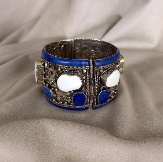 Antique Tibetan Sterling Silver Blue and White Handmade Bracelet