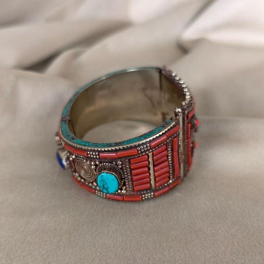 Antique Handmade Tibetan Sterling Silver Red Coral and Turquoise Bracelet