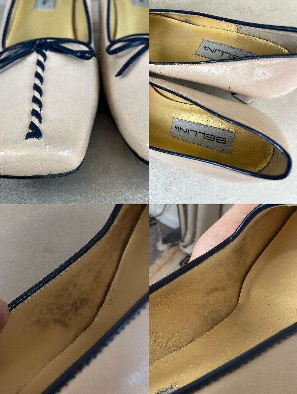 Vintage Bellini Square Toe Beige Pumps with Navy Trim and Bow