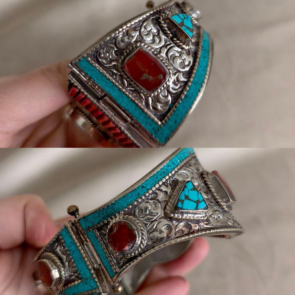 Antique Handmade Tibetan Turquoise and Red Coral Sterling Silver Bracelet