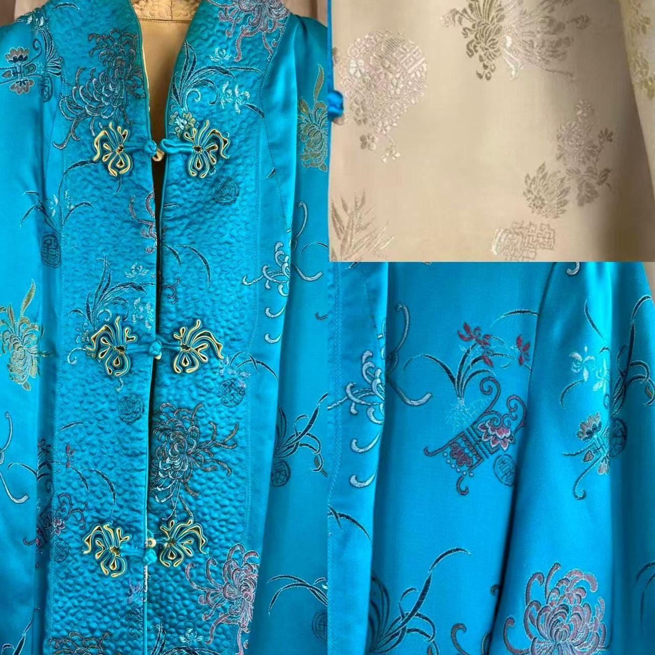 Vintage Asian Reversible Gold and Blue Embroidered Mandarin Tang Jacket