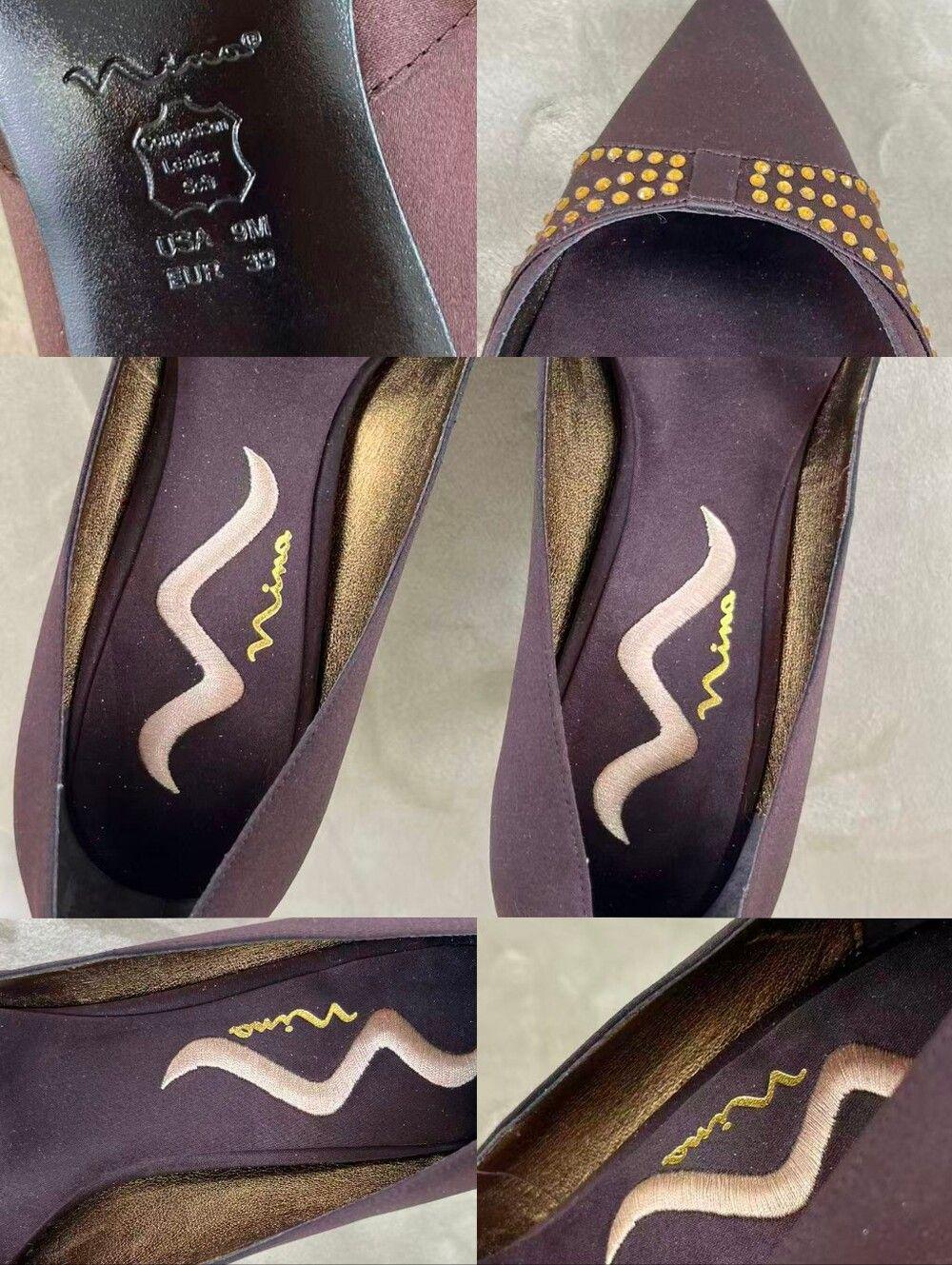Vintage Mina Dark Brown Women's Pointed Toe Studded Satin Pumps