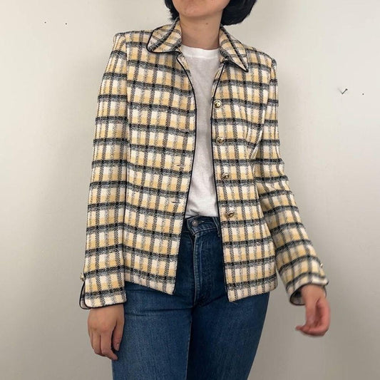 St John Collection Yellow and Black Plaid Tweed Knit Blazer