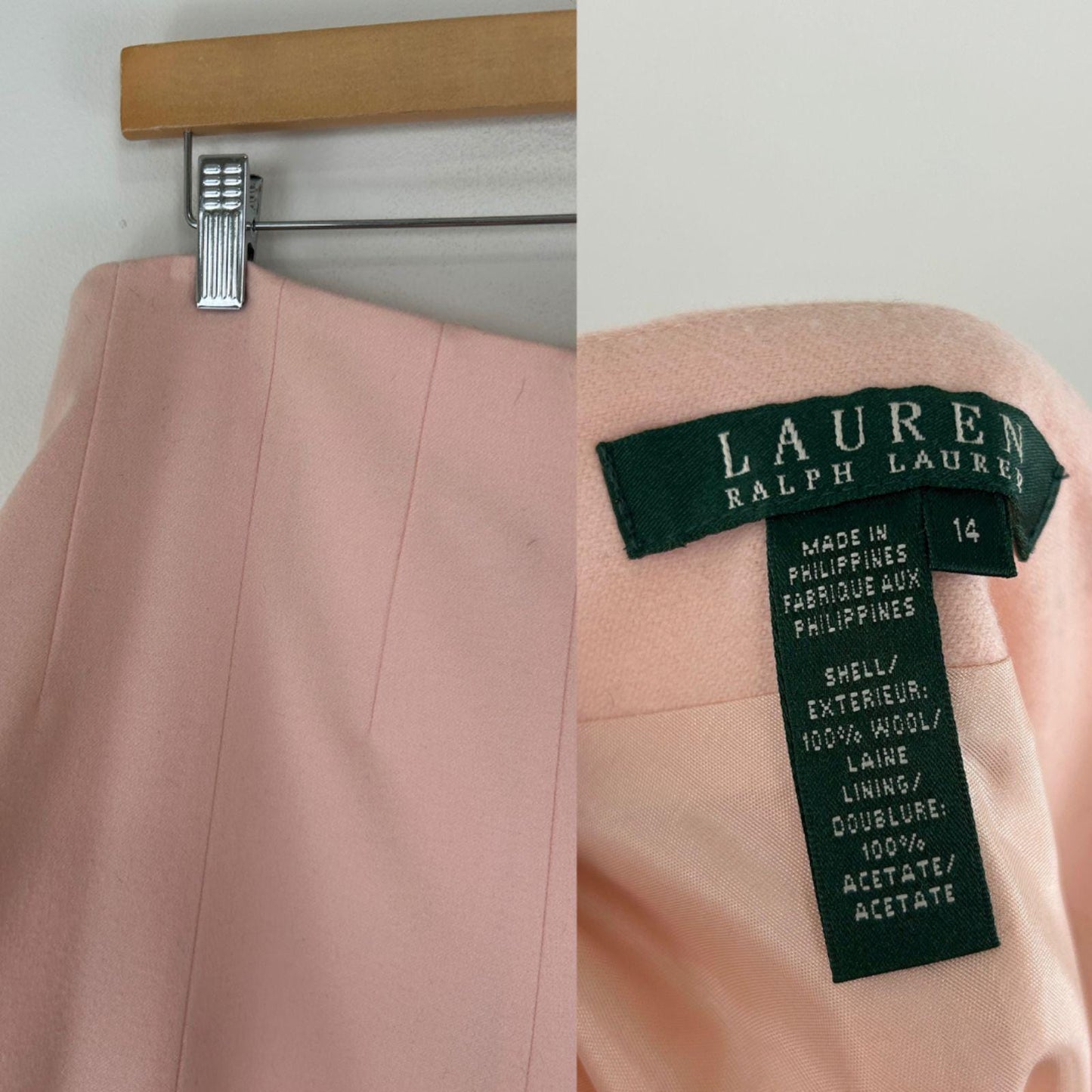 Vintage Ralph Lauren Light Pink Wool Midi A-Line Skirt