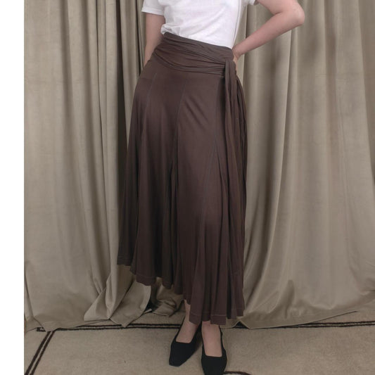 Lapis Brown Pleated Midi Skirt with Tie Waist