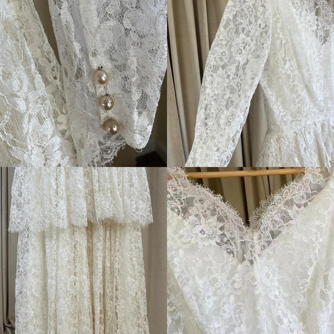 Vintage White Lace Wedding Gown Long Sleeve with Tiered Skirt