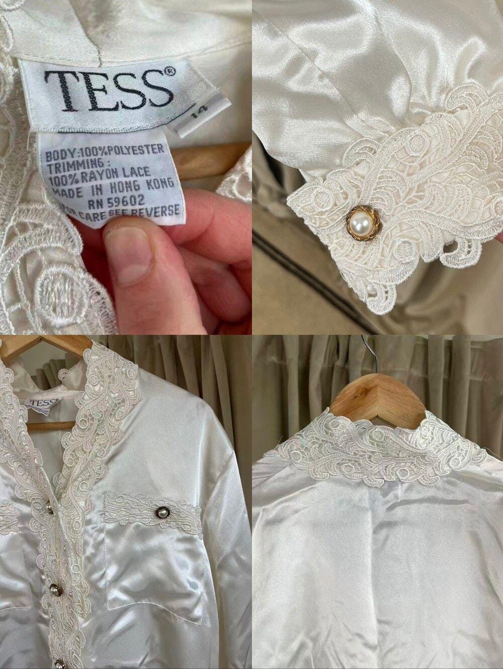 Vintage Tess White Satin Blouse with Lace Detailing