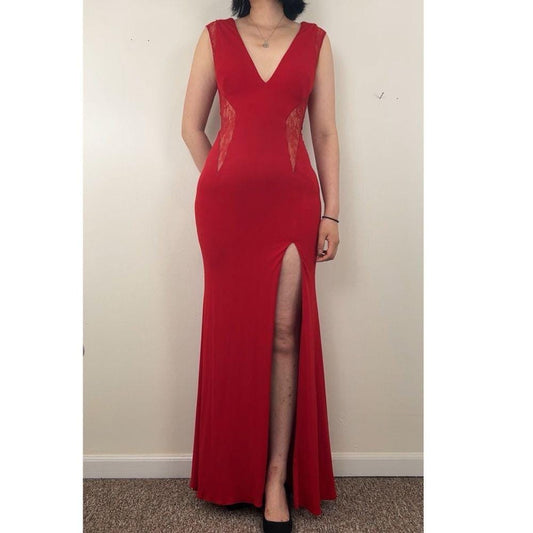 Jovani Elegant Red Evening Dress Gown with Lace Detailing