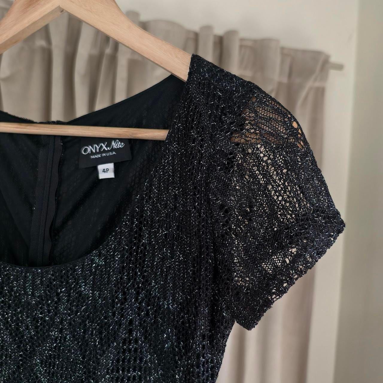 Vintage Onyx Nite Black Silver Metallic Lace Dress with Fringe Hem