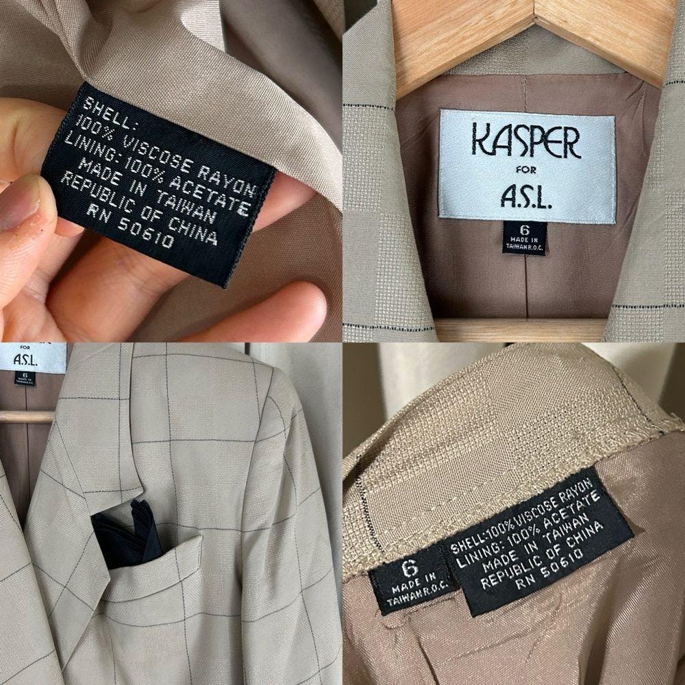 Vintage Kasper Beige Tan Checkered Plaid Double Breasted Skirt Suit Set