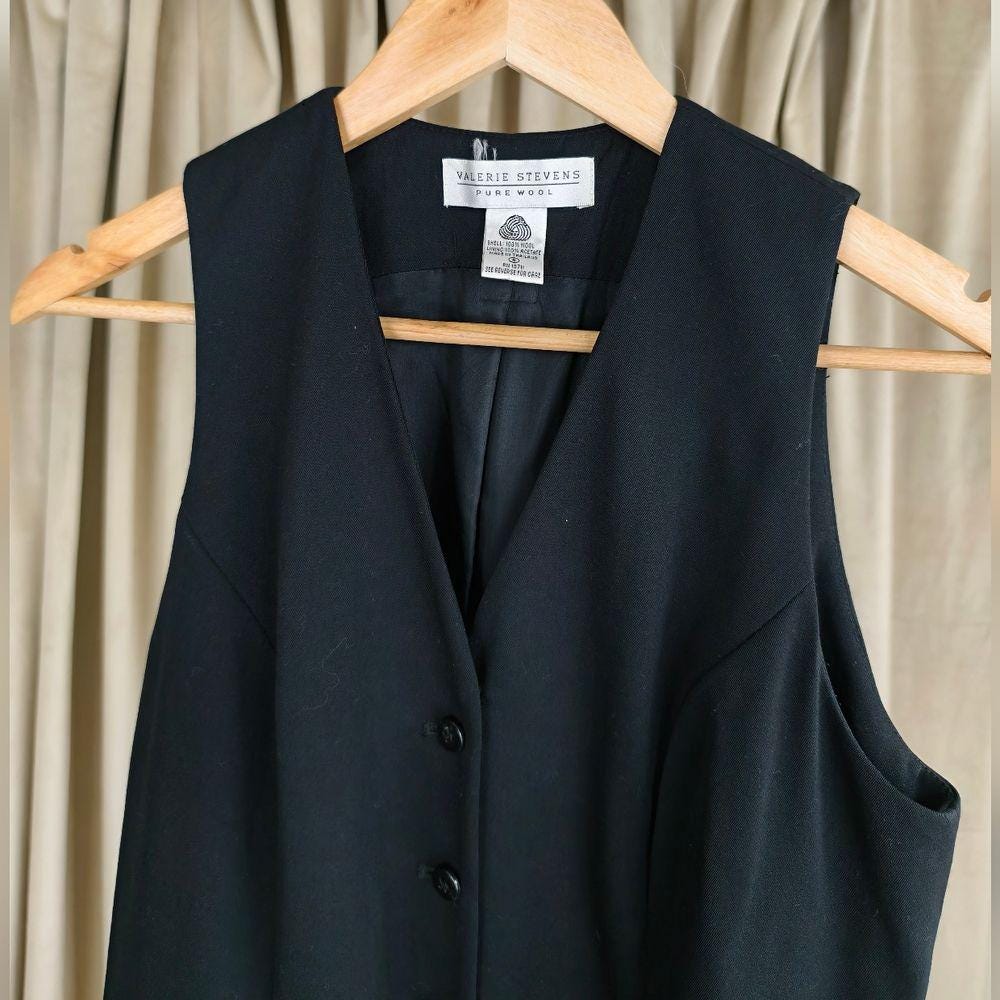 Vintage Valerie Stevens Black Wool Button-Down Sleeveless Vest Dress