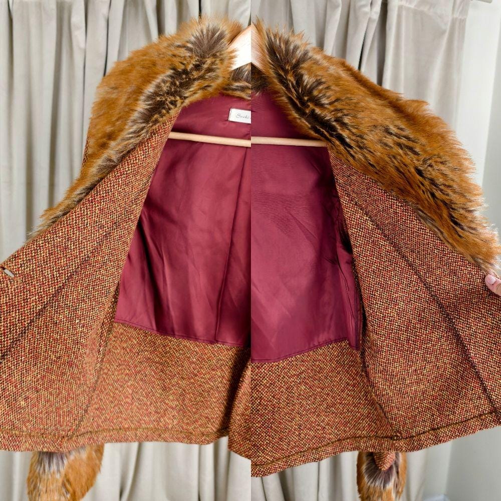 Vintage Orange Brown Cropped Pennylane Tweed Jacket Fox Fur Collar and Cuffs
