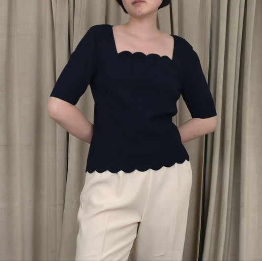 Dana Buchman Navy Knit Short Sleeve Top with Scalloped Detailing