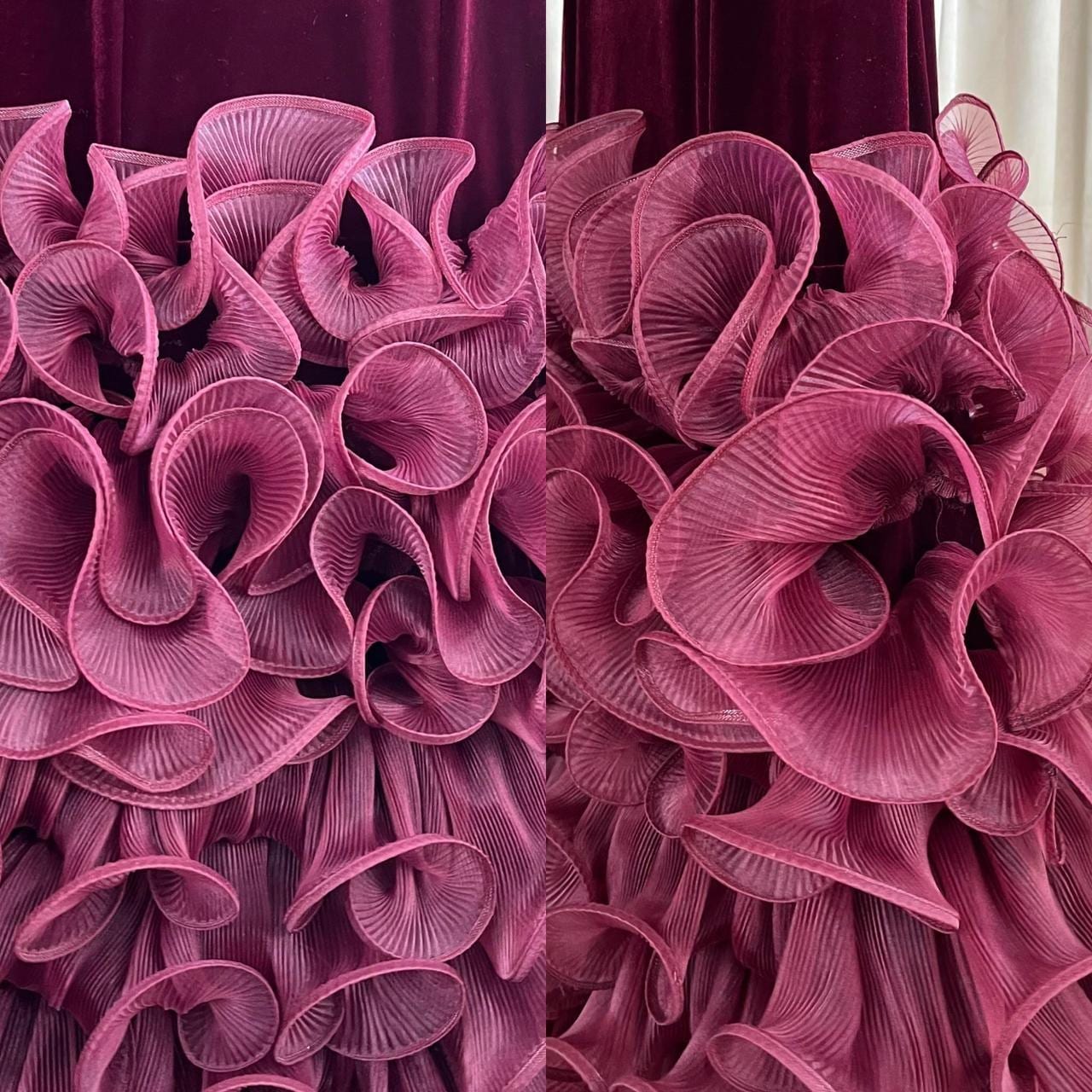 Vintage Jovani Strapless Velvet Burgundy Ruffle Mermaid Evening Gown Prom Dress