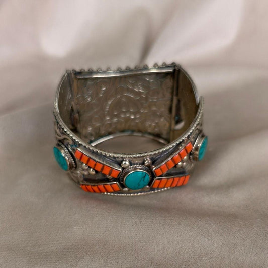 Antique Tibetan Handmade Sterling Silver and Orange Coral Bracelet