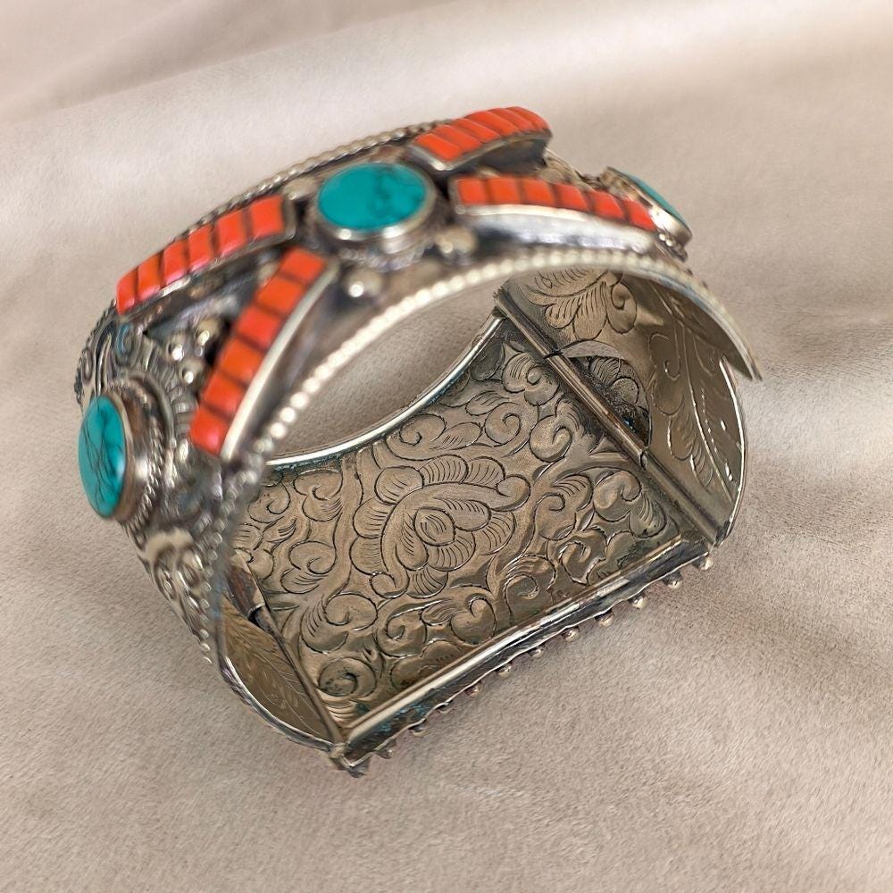 Antique Tibetan Handmade Sterling Silver and Orange Coral Bracelet