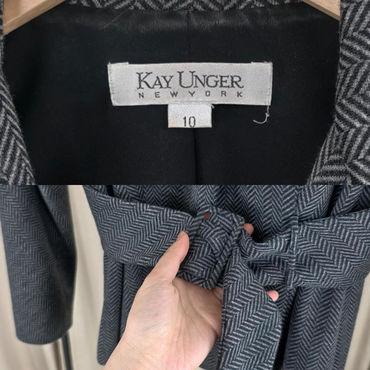 Vintage Kay Unger 100% Wool Grey Herringbone Skirt Suit