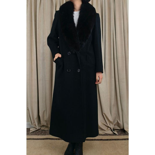 Vintage Albert Nipon Black Wool Full Length Over Coat with Fox Fur Collar