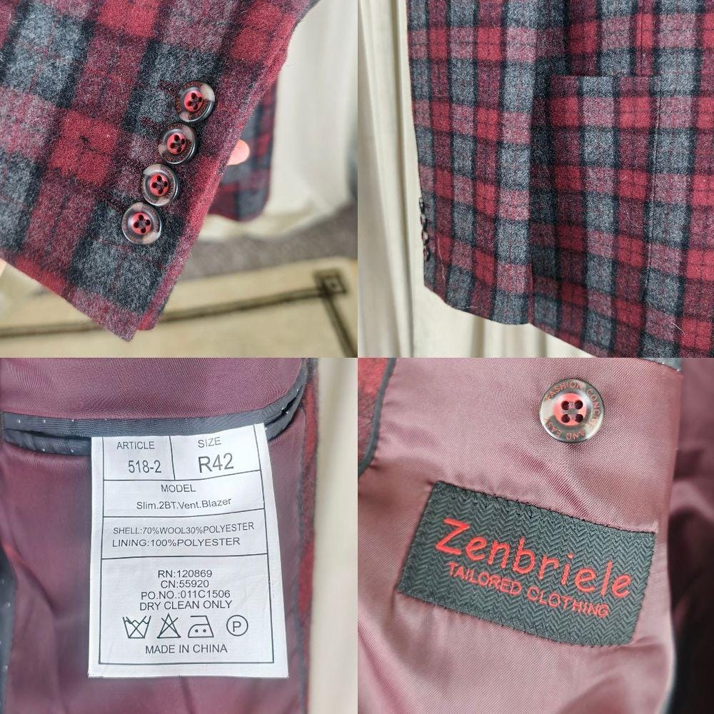 Vintage Zenbrielle Red and Gray Plaid Wool Blend Blazer