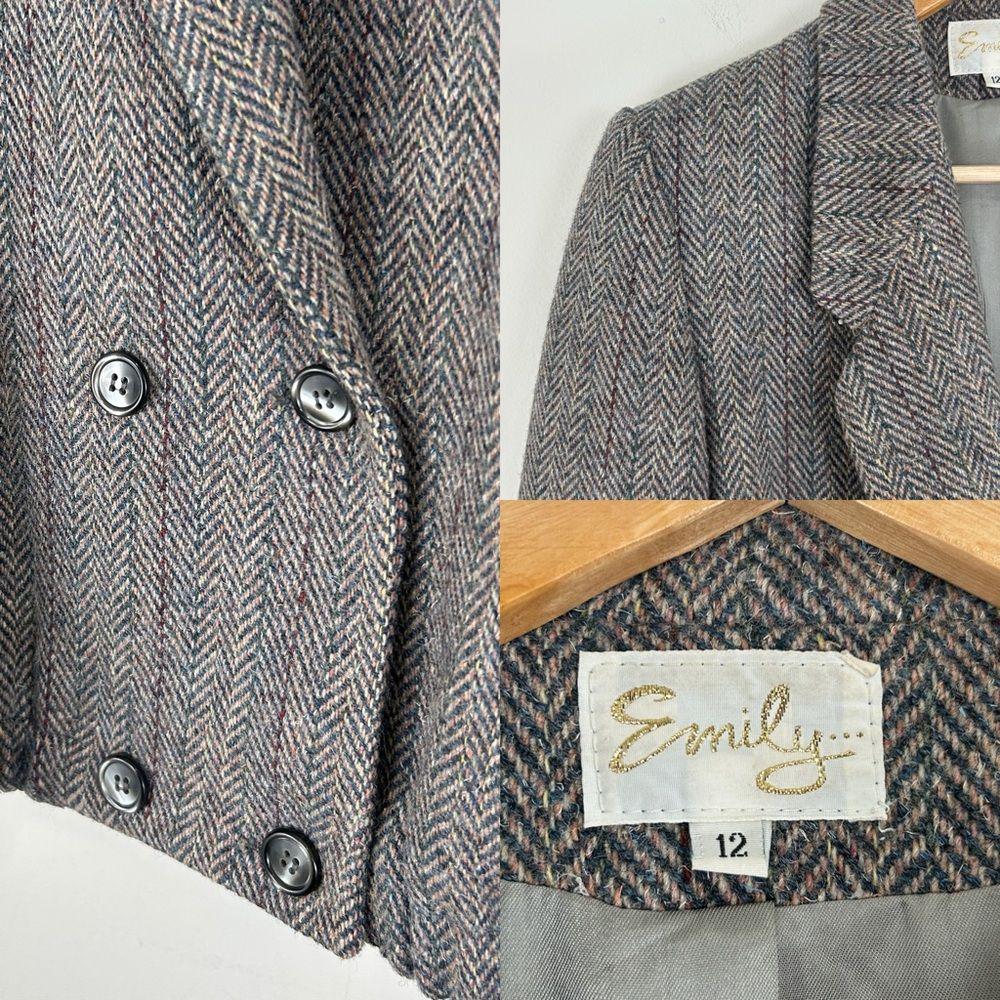 Vintage Emily Gray Herringbone Tweed Double Breasted Blazer