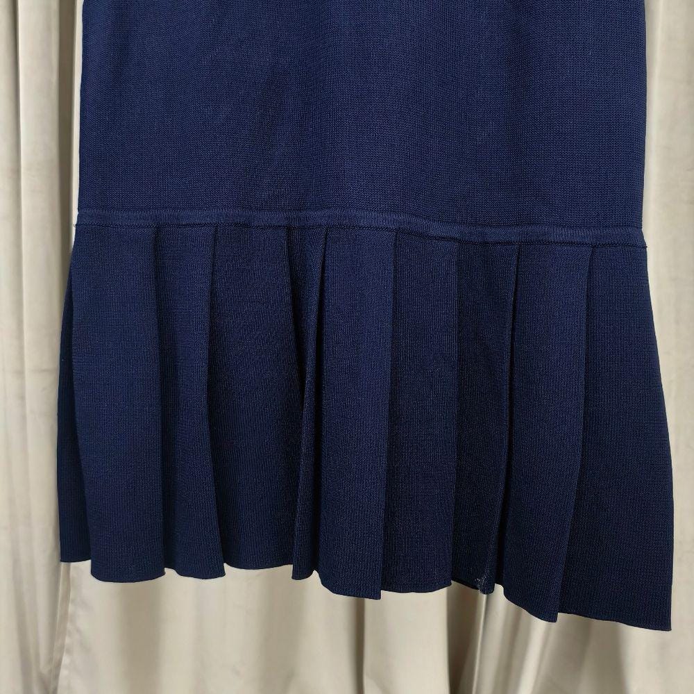 Vintage Sutton Studio Navy and Gold Short-Sleeve Pleated Hem Sweater Dress