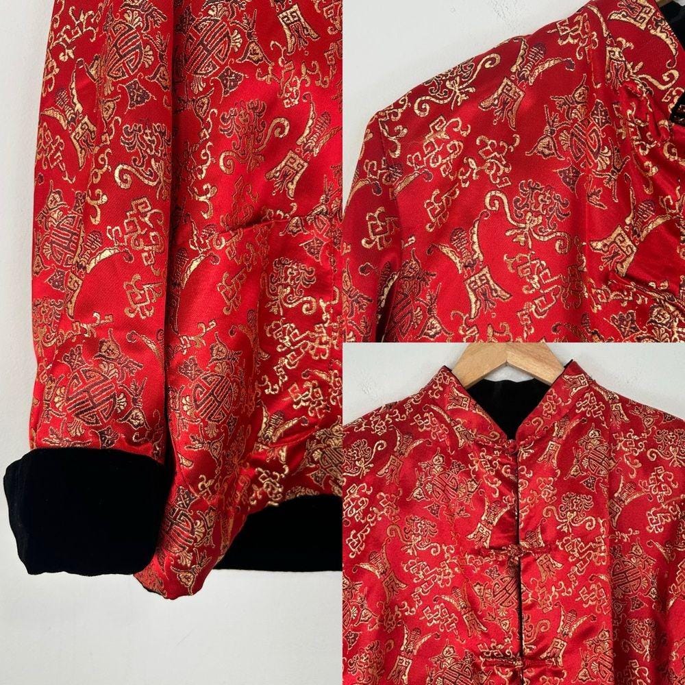 Vintage Red and Black Reversible Satin and Velvet Embroidered Asian Jacket