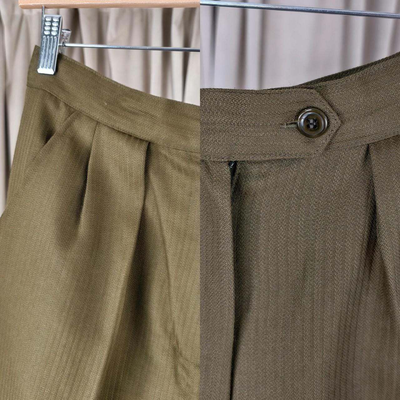 Vintage Jones New York Khaki and Green High-Waisted Wool Tailored Trousers