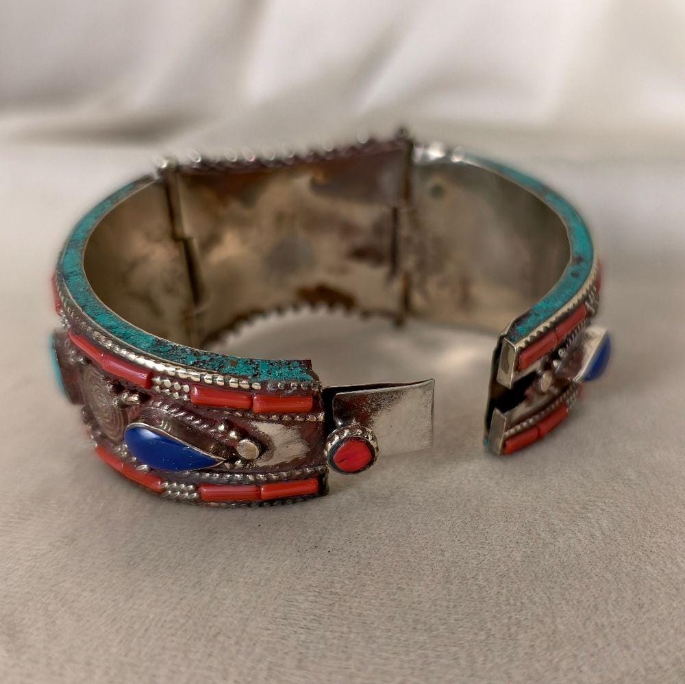 Antique Handmade Tibetan Sterling Silver Red Coral and Turquoise Bracelet