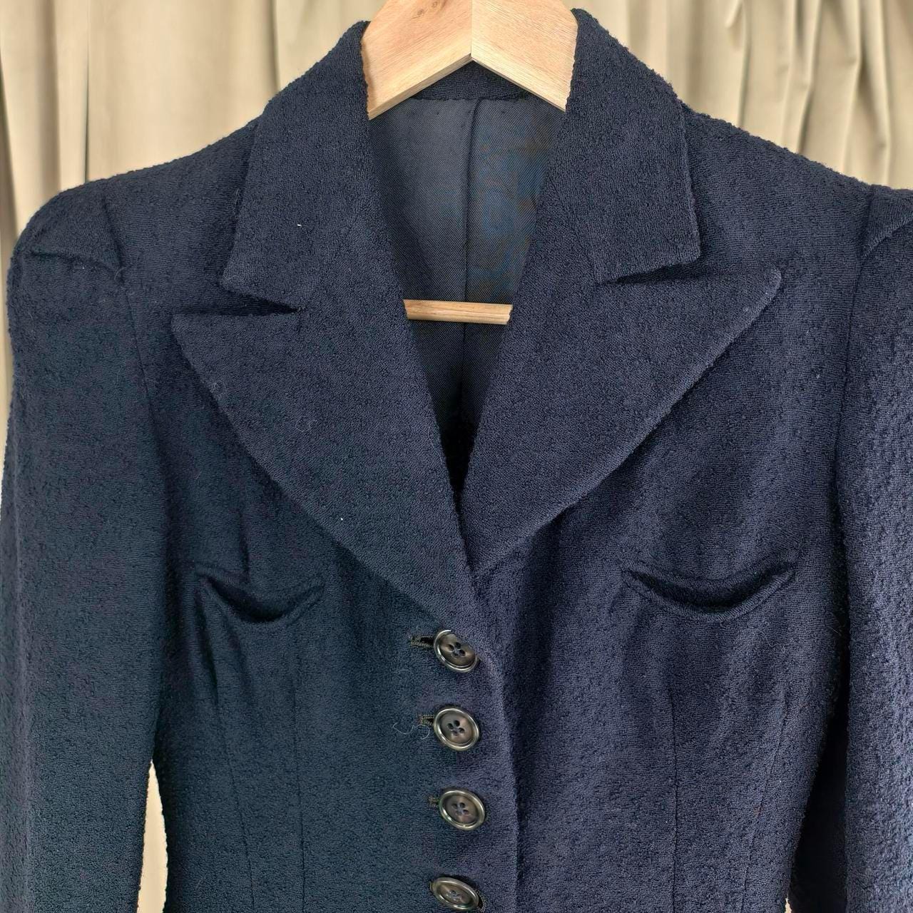 Vintage Navy Wool Fitted Skirt Suit with Puffy Shoulders
