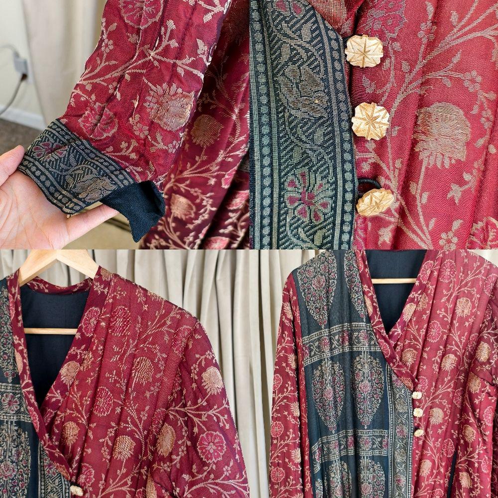 Vintage Indian Handmade Embroidered Silk Quilted Red and Black Full Length Coat