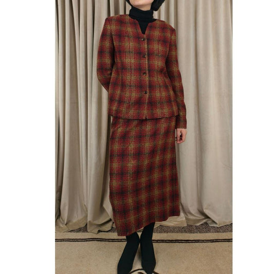 Vintage Adolfo Plaid Red and Gokd Plaid Skirt Suit Set