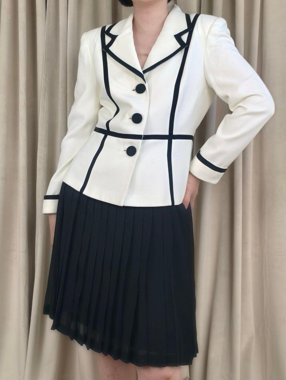 Vintage Gillian White Blazer with Black Trim and Black Pleated Skirt