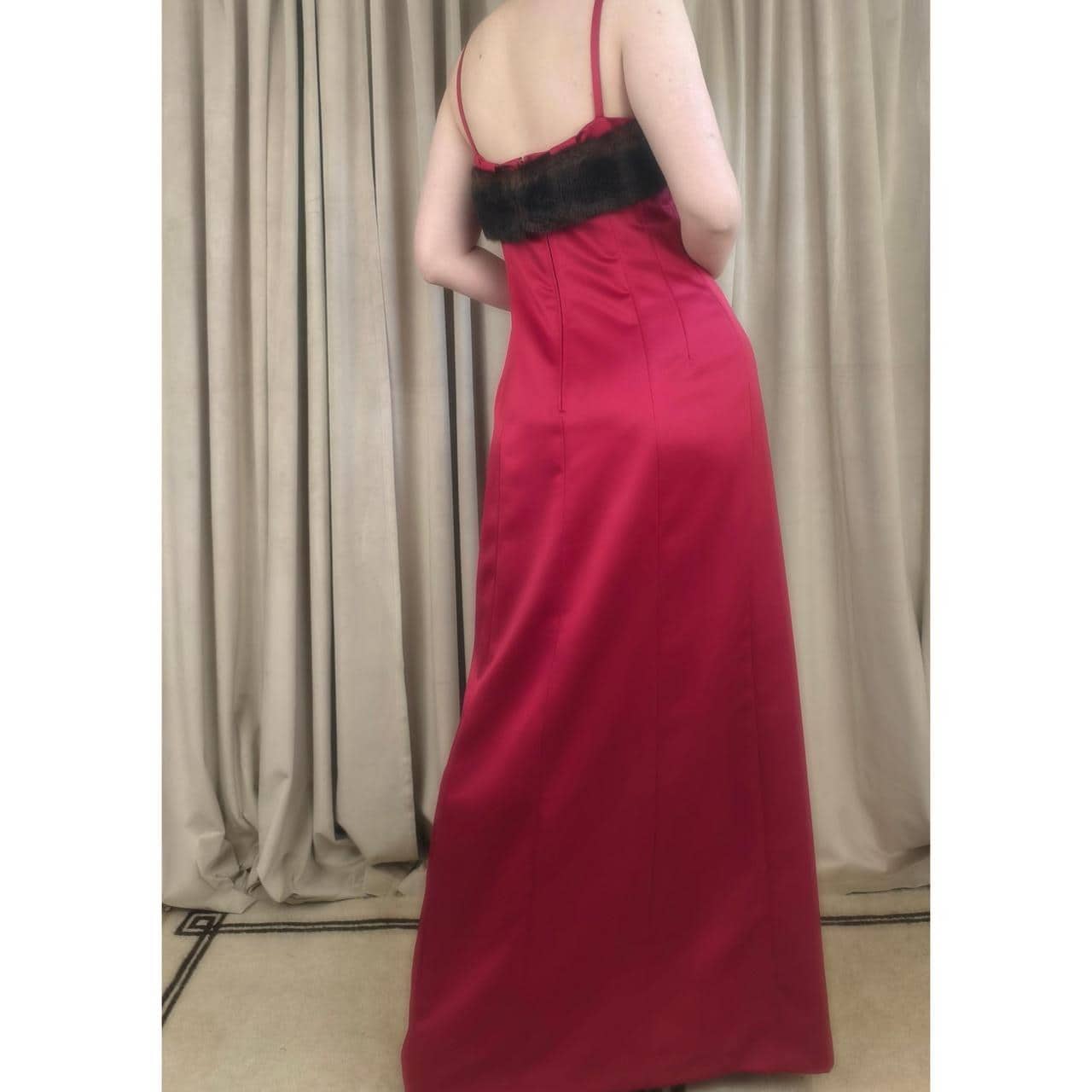 Vintage Donna Morgan Red Satin Maxi dress with Faux Fur Trim