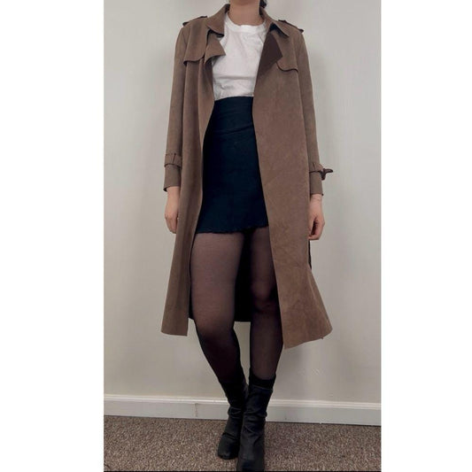 Faux Suede Elegant Belted Trench Coat