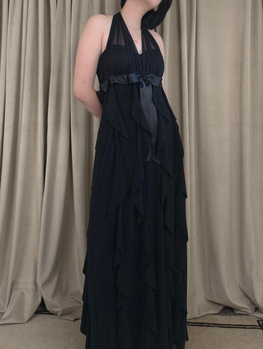 Vintage Betsy & Adam Elegant Black Halter Ruffle Backless Maxi Dress