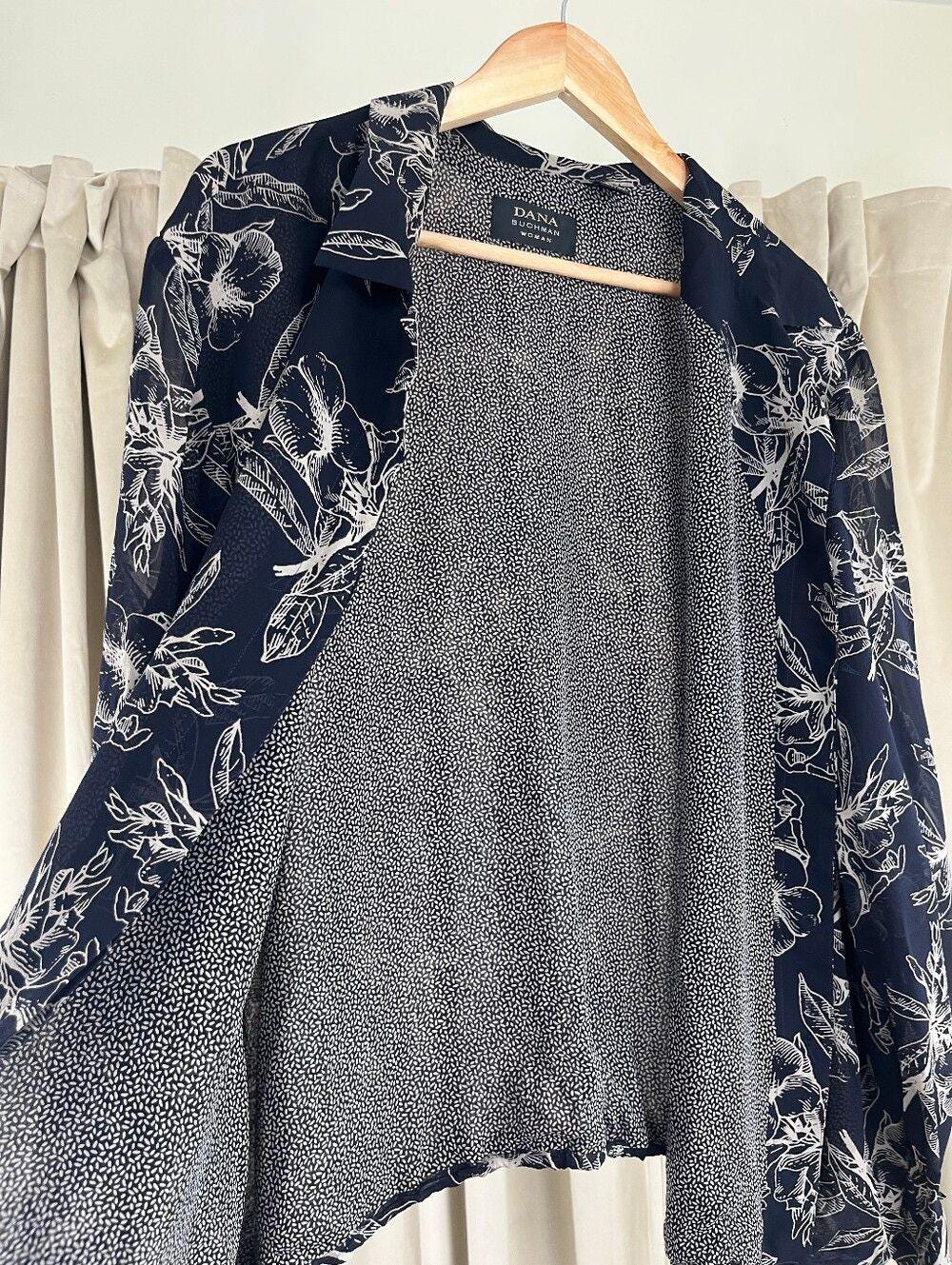 Vintage Dana Buchman 100% Silk Navy and White Floral Blouse