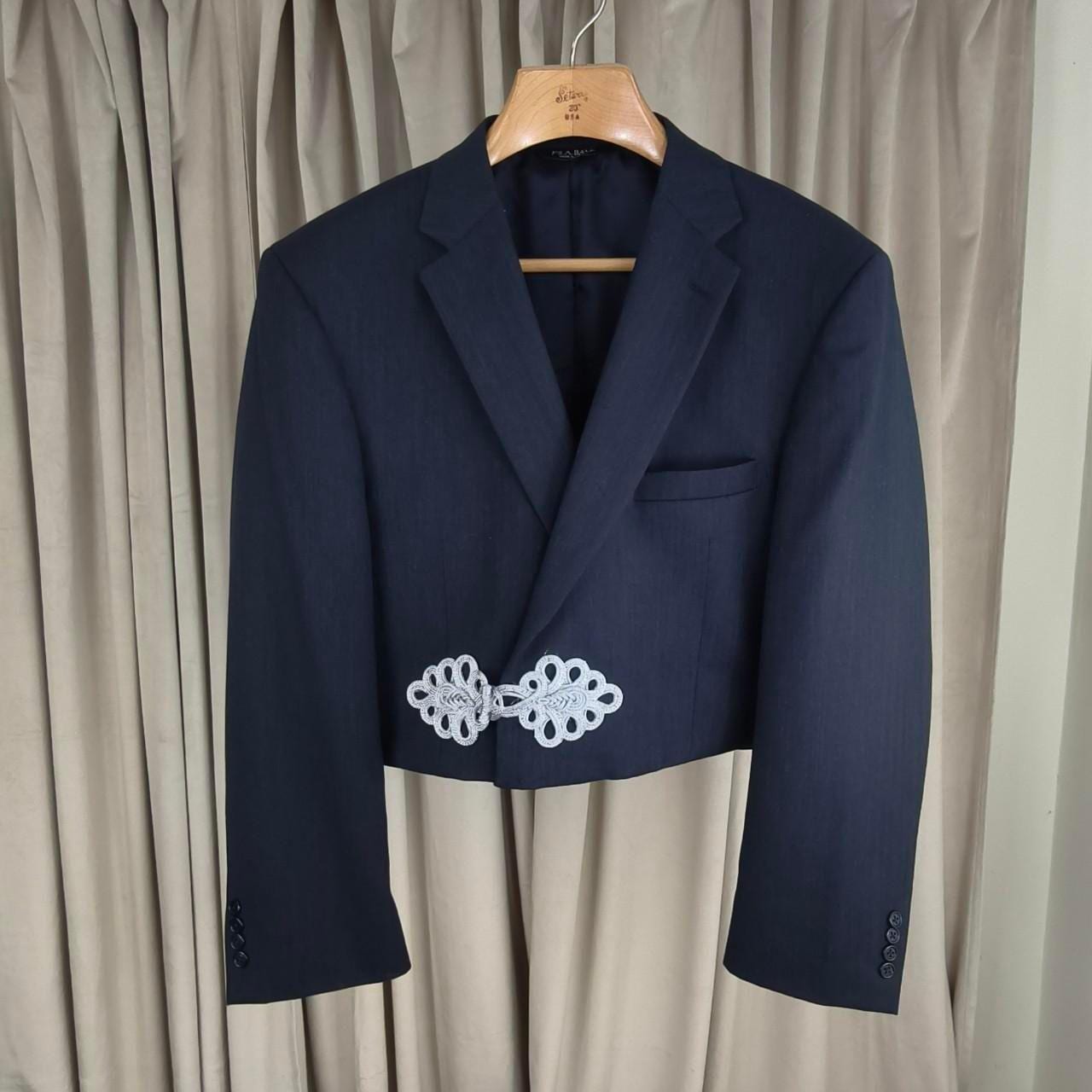 Reworked Vintage Navy Pinstripe Cropped Blazer Tang Mandarin Jacket