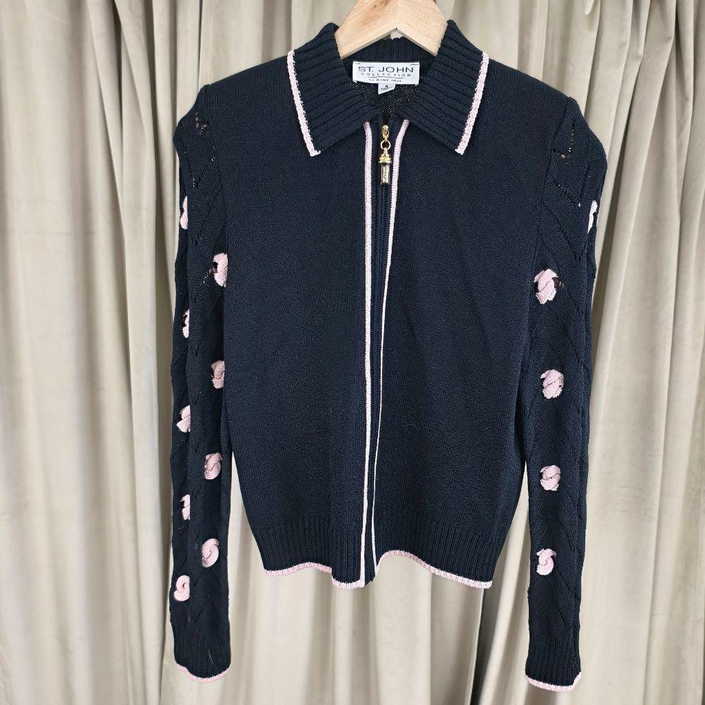 St. John Collection Black Zip Up Cardigan with Pink Details