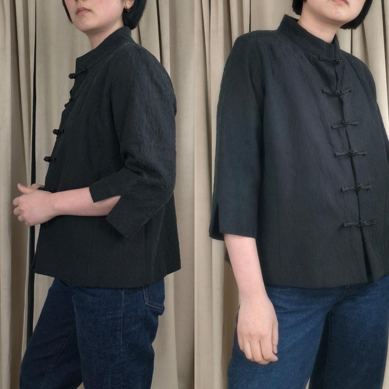 Reworked Eileen Fisher Black Silk Embroidered Mandarin Jacket Tang Jacket