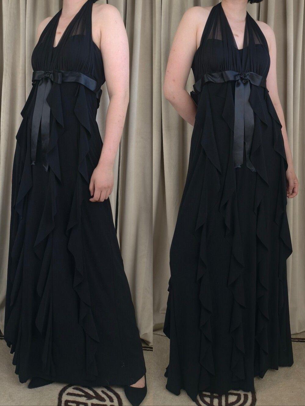 Vintage Betsy & Adam Elegant Black Halter Ruffle Backless Maxi Dress