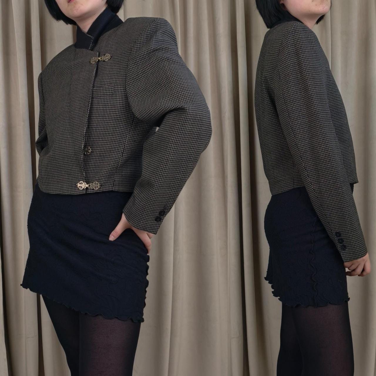 Reworked Vintage Black and Gold Cropped Checkered Blazer Tang Mandarin Jacket