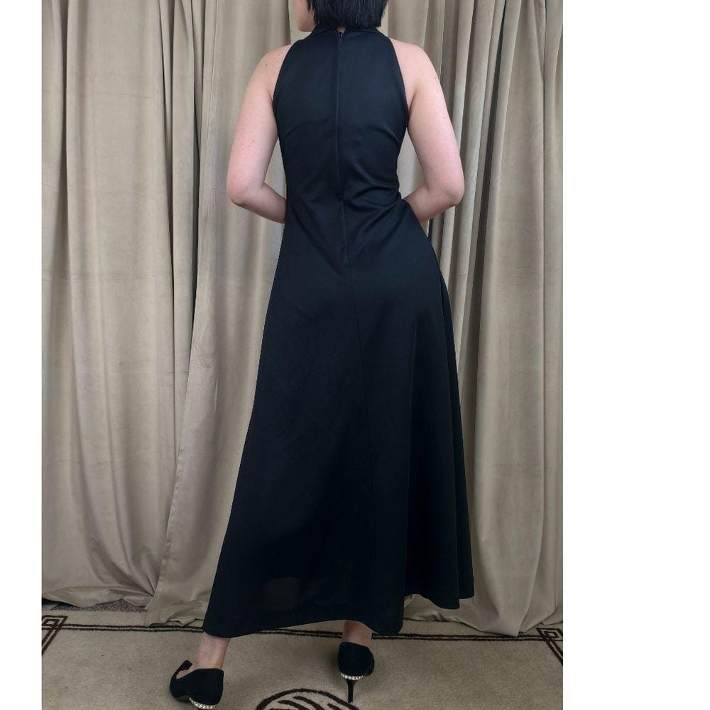 Vintage Black Sleeveless Halter Neck Maxi Dress with Beaded Accent