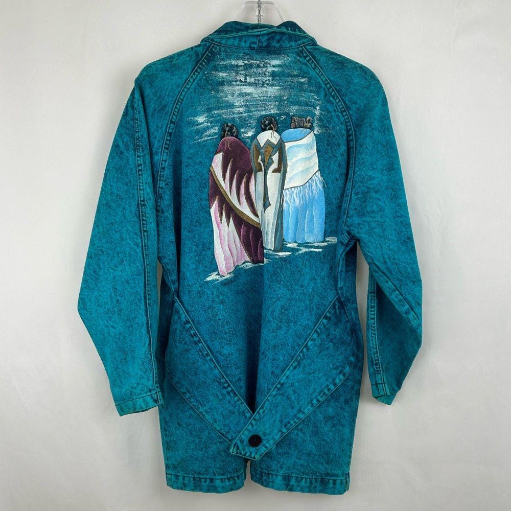 RARE! Vintage Sundance Hand Painted Indigenous Tribal Denim Long Jacket